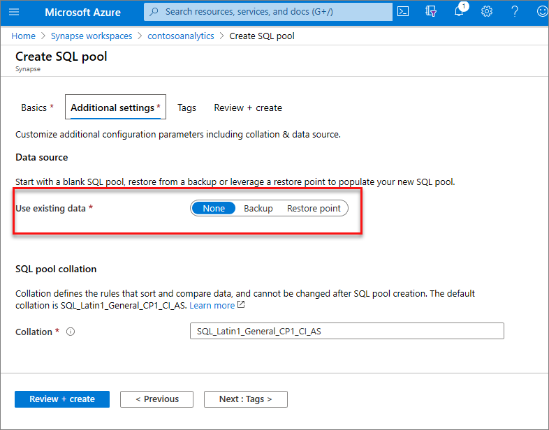 flusso di creazione del pool SQL dedicato: scheda impostazioni aggiuntive.