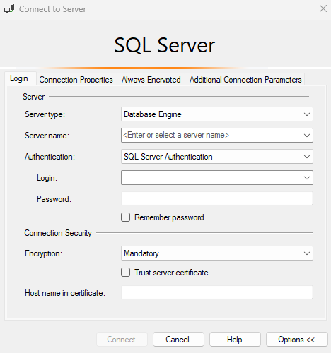 Screenshot che mostra la finestra di dialogo Connetti al server per il pool SQL serverless.