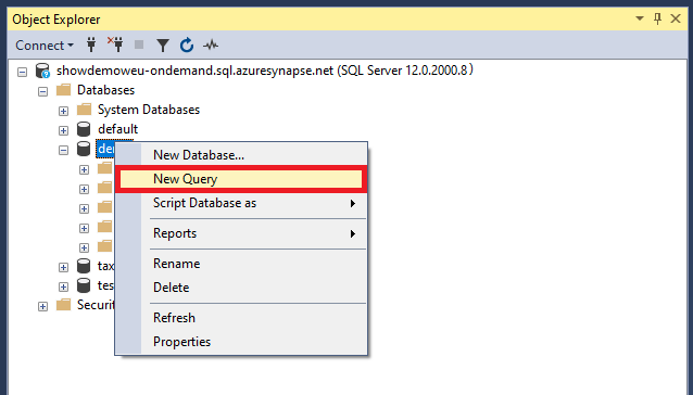 Screenshot della finestra Nuova query per il pool SQL serverless.