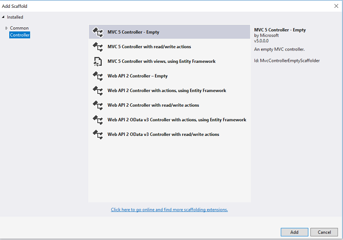 Screenshot che mostra la finestra di dialogo Aggiungi Scaffold. È selezionato un M V C 5 Controller Vuoto.