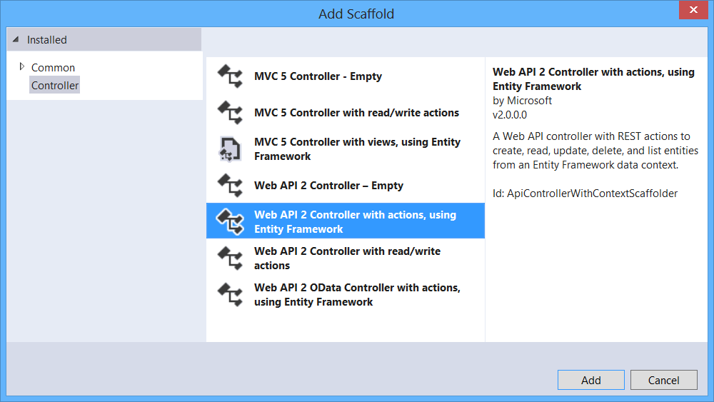 Screenshot della finestra di dialogo Aggiungi scaffolding che mostra il Controller Web API 2 con azioni con l'opzione Entity Framework evidenziata in blu.