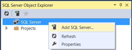 Screenshot dell'Esplora oggetti di S Q L Server che mostra l'elemento S Q L Server evidenziato in blu e l'elemento Aggiungi S Q L Server evidenziato in giallo.
