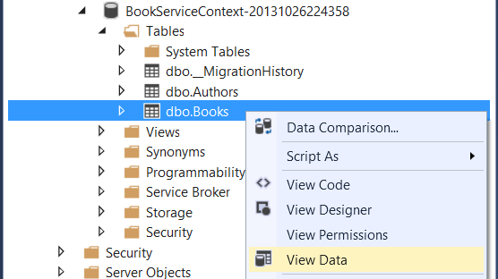 Screenshot di Esplora oggetti del server S Q L che mostra l'elemento d b o dot Books evidenziato in blu e l'elemento Visualizza dati evidenziato in giallo.