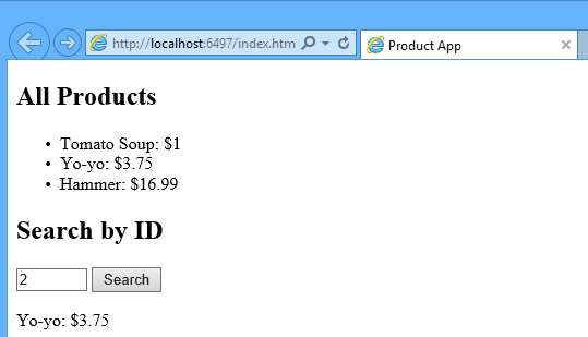 Screenshot del browser, che mostra tutti i prodotti e i prezzi, in formato punto elenco, e il numero 2 nel campo 'search by I D'.