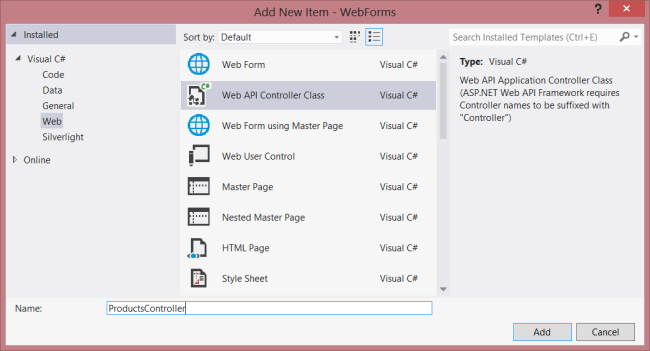 Screenshot che mostra come aggiungere un nuovo elemento Web come classe controller A P I Web, etichettandolo Product Controller nel campo nome.