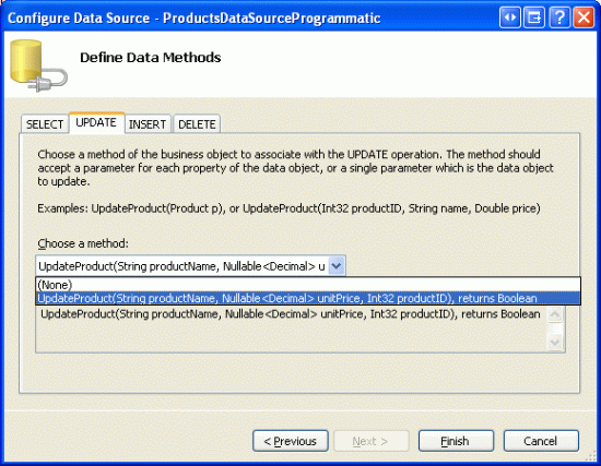 Scegliere il metodo UpdateProduct dall'elenco Drop-Down della scheda UPDATE