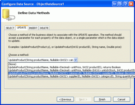 Configurare l'ObjectDataSource per utilizzare l'overload UpdateProduct appena creato