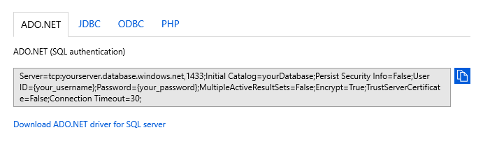 Screenshot del portale di Azure che mostra la pagina delle stringhe di connessione. La scheda ADO.NET è selezionata e viene visualizzata la stringa di connessione ADO.NET (autenticazione SQL).