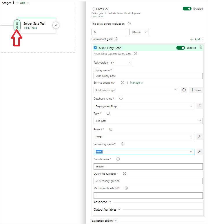 Screenshot che mostra come selezionare un'attività di Server Gate.