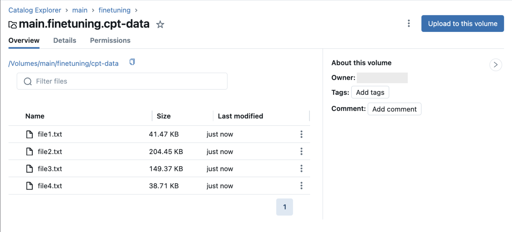 Volume UC con esempi di file del set di dati per la continua pre-formazione