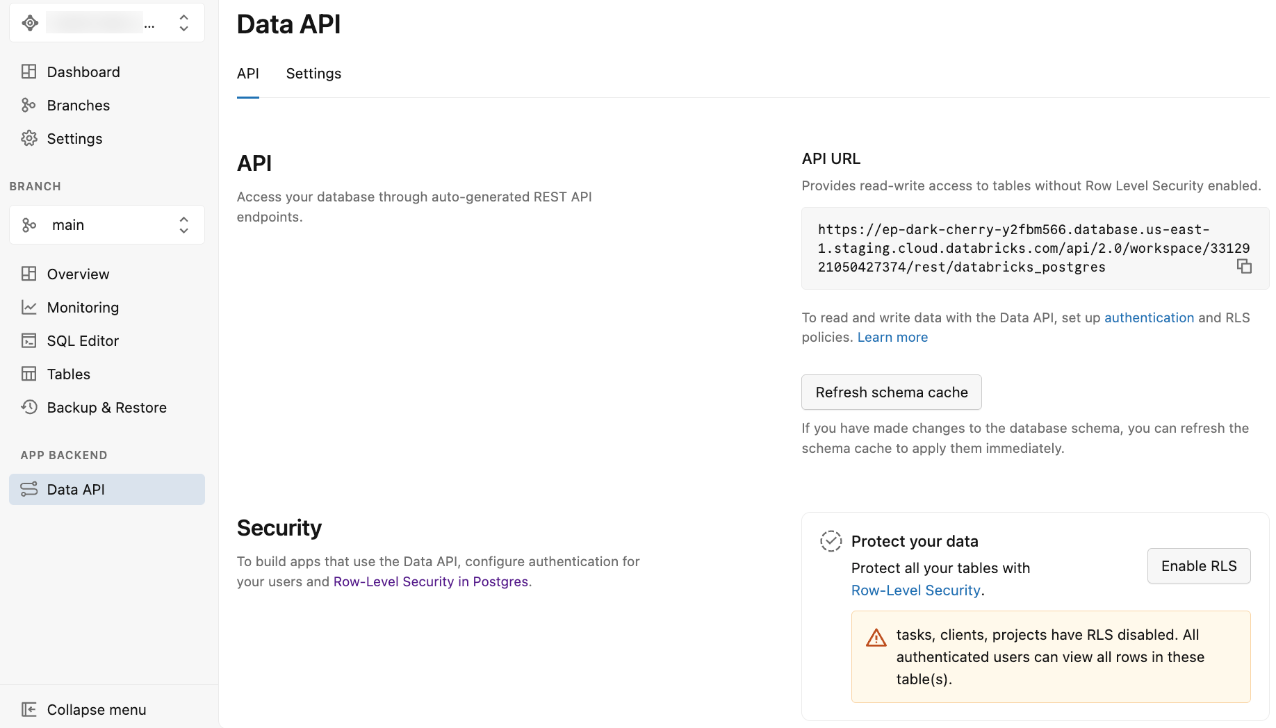 Pagina API dati che mostra l'URL DELL'API e le opzioni di sicurezza