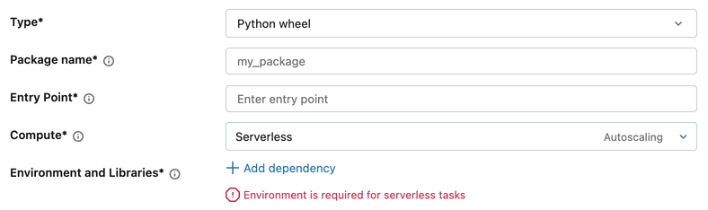 Sezione Environment and Libraries di un'attività Python wheel con il collegamento Add dependency