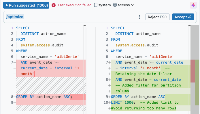 Query ottimizzata generata usando il comando /optimize con Genie Code