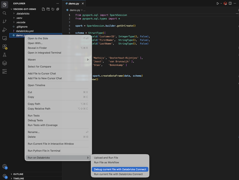 Eseguire il debug del file corrente dal menu di scelta rapida