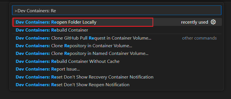 Screenshot dell'opzione Palette comandi per riaprire la cartella corrente all'interno dell'ambiente locale in Visual Studio Code.