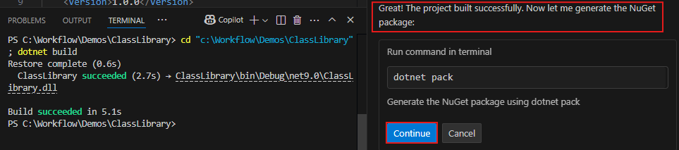 Screenshot che mostra la richiesta di conferma per generare il pacchetto NuGet.
