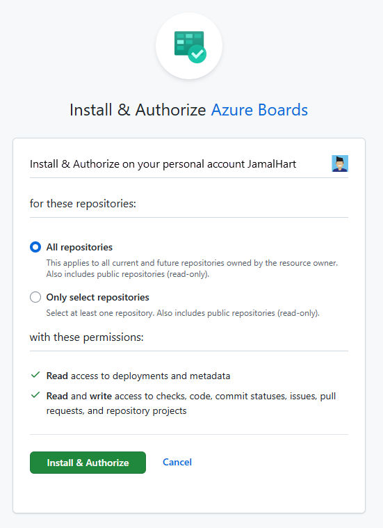 Screenshot che mostra la pagina Installa e autorizza con tutti i repository selezionati.