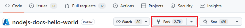 Screenshot di GitHub per selezionare il Node.js progetto da creare tramite fork.