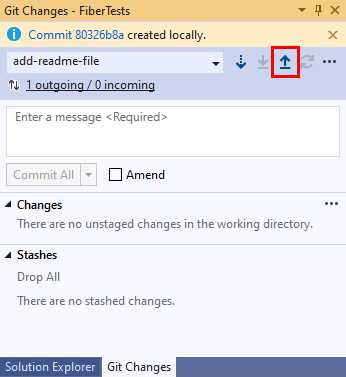 Screenshot del pulsante a pressione freccia su nella finestra Modifiche Git di Visual Studio.