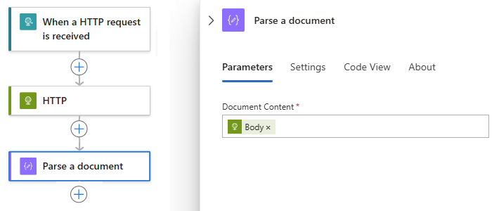 Screenshot che mostra il flusso di lavoro di esempio con l'output Corpo nell'azione denominata Analizzare un documento.