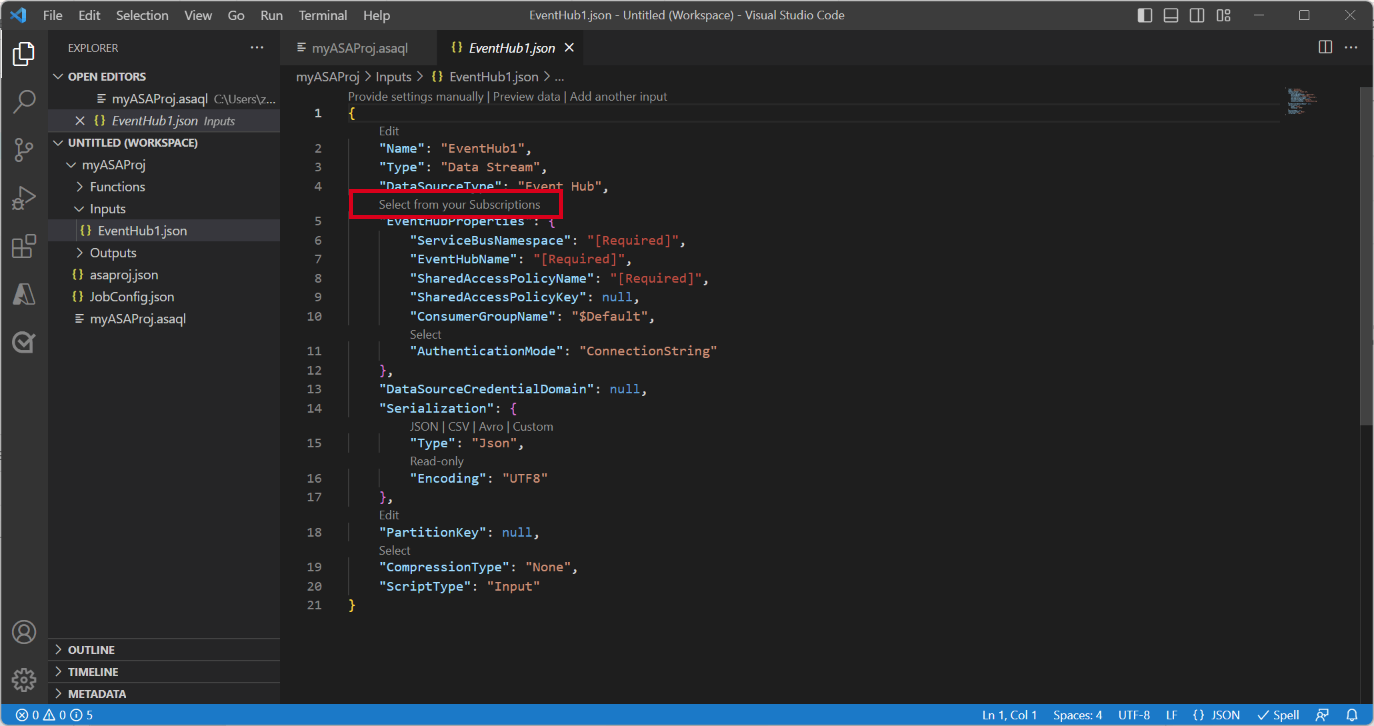 Screenshot dell'estensione VS Code che mostra i file json di input.