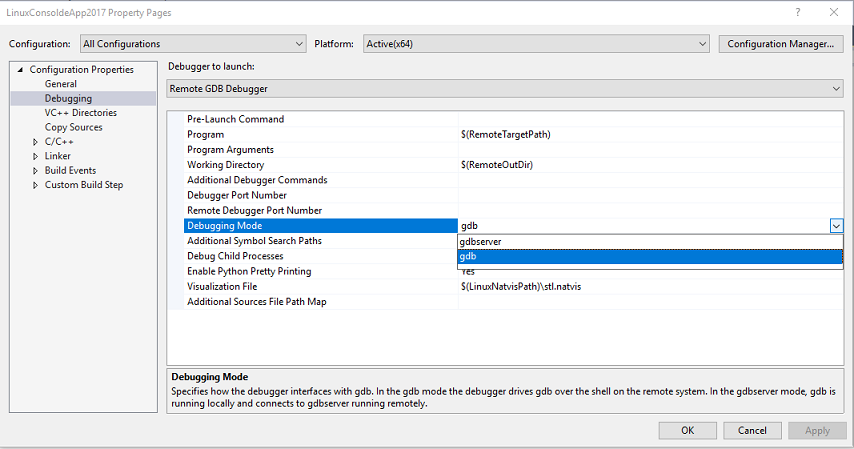 Screenshot della finestra di dialogo delle Pagine delle proprietà dell'applicazione console Linux di Visual Studio 2017 con Proprietà di Configurazione selezionate e la Modalità di Debug evidenziata, con G D B selezionato ed evidenziato dal menu a tendina.