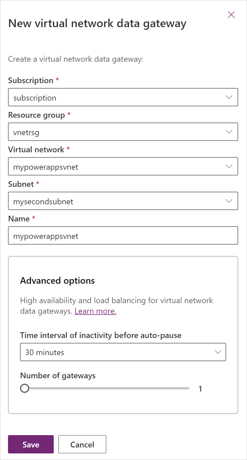 Screenshot del modulo gateway dati della rete virtuale con le voci Sottoscrizione, Gruppo di risorse, Rete virtuale, Subnet e Nome compilate.