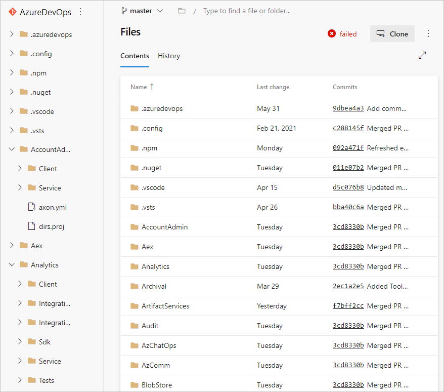 Screenshot che mostra una struttura del repository Git.