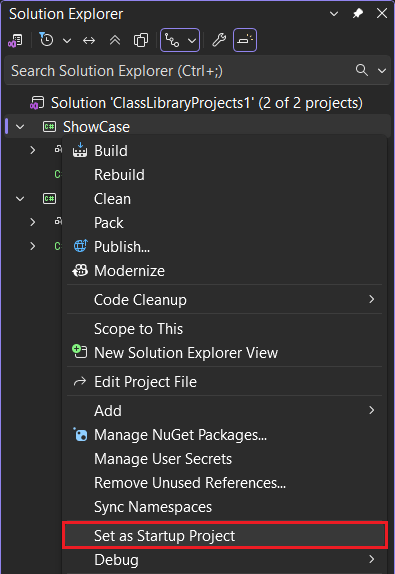 menu contestuale del progetto di Visual Studio per definire il progetto di avvio