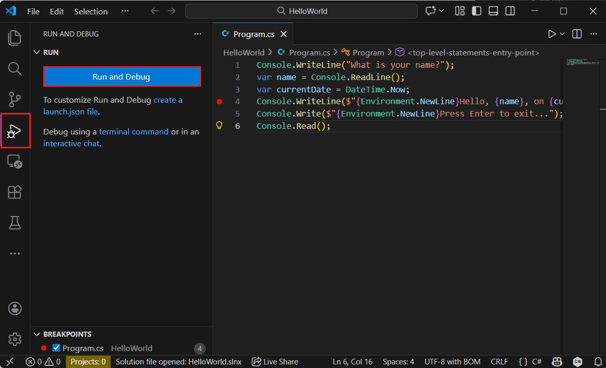 Aprire la scheda Debug in Visual Studio Code