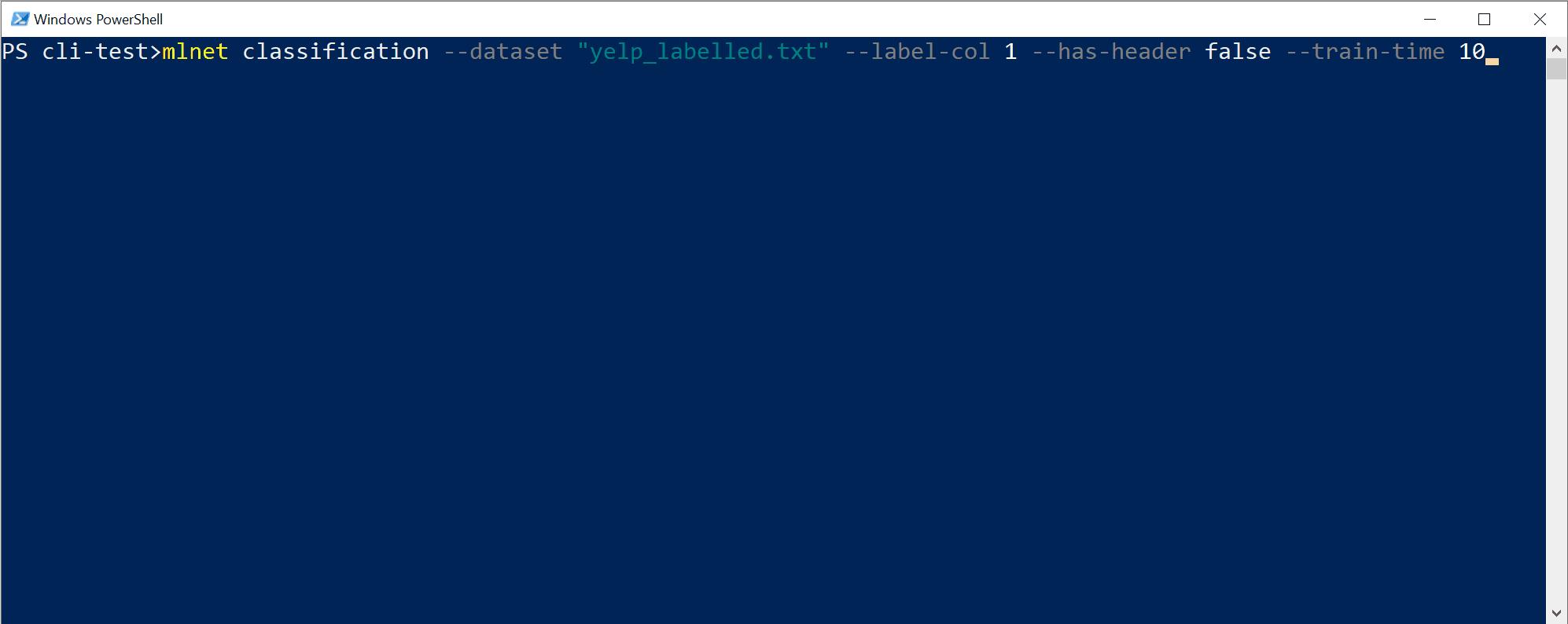 ML.NET classificazione dalla riga di comando