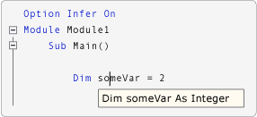 Screenshot che mostra la visualizzazione IntelliSense quando Option Infer è attivo.