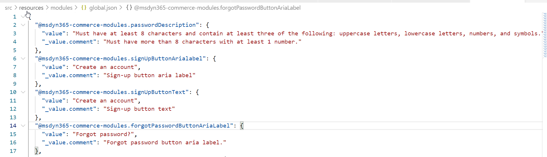 Screenshot del testo del collegamento aggiornato nel file global.json del modulo Accesso.