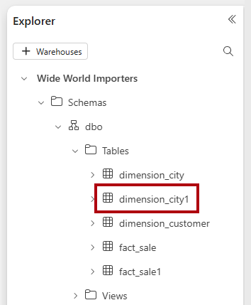 Screenshot del pannello Esplora, che evidenzia la tabella della città 1 nella dimensione.