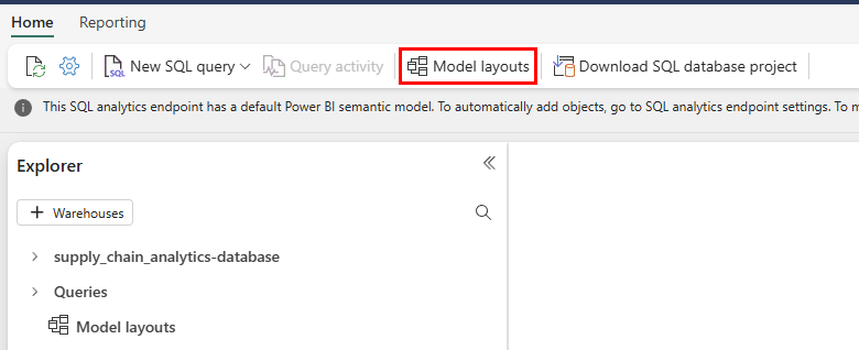 Screenshot del portale Fabric dell'esplora database SQL e del menu. Il pulsante Layout del modello è evidenziato.
