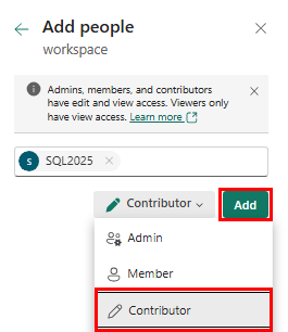Screenshot della finestra di dialogo Aggiungi persone, in cui si aggiunge ogni nodo al ruolo Collaboratore Fabric.