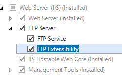 Screenshot dell'opzione Espandibile server Web I S con l'opzione F T P Extensibility evidenziata.