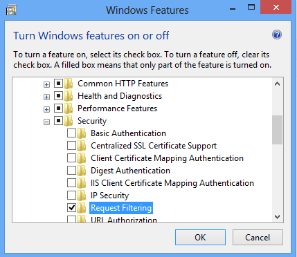 Screenshot della finestra di dialogo Funzionalità di Windows. Il filtro delle richieste è evidenziato nel menu Sicurezza espanso.