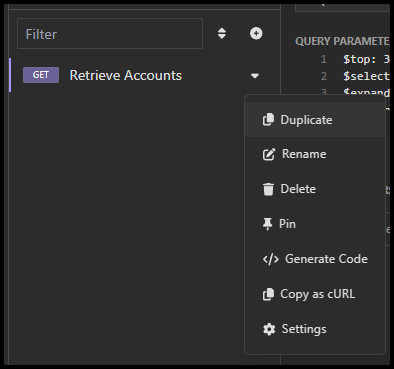 Screenshot of the dropdown menu with the Duplicate option for a request in Insomnia.
