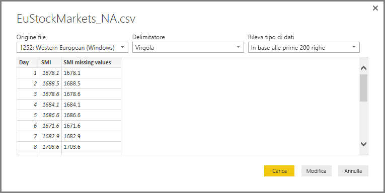Screenshot della finestra di dialogo del file CSV, che mostra il file CSV selezionato.