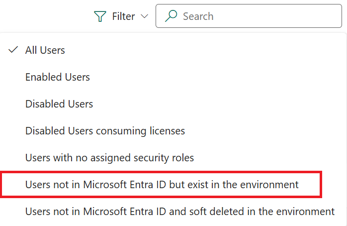 Selezionare Filtra dal menu in alto per gli utenti di Entra.