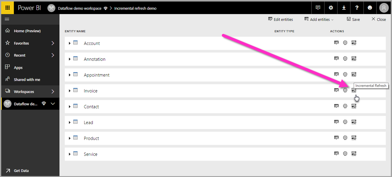 Screenshot di Power BI con l'icona di aggiornamento incrementale per i flussi di dati evidenziati.