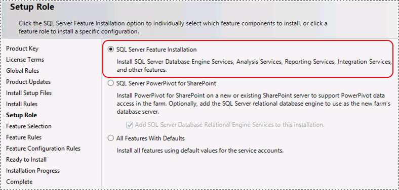 Installazione delle funzionalità di SQL Server per il ruolo di installazione