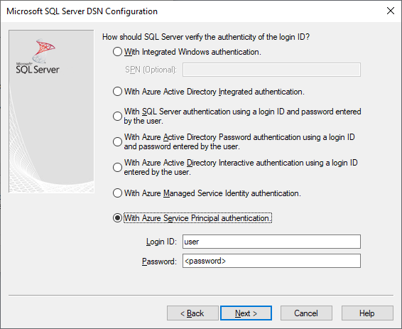 Schermata di creazione e modifica del DSN con l'autenticazione tramite principale del servizio di Microsoft Entra selezionata.