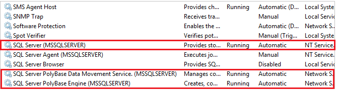 Screenshot dell'arresto e dell'avvio dei servizi PolyBase in services.msc.