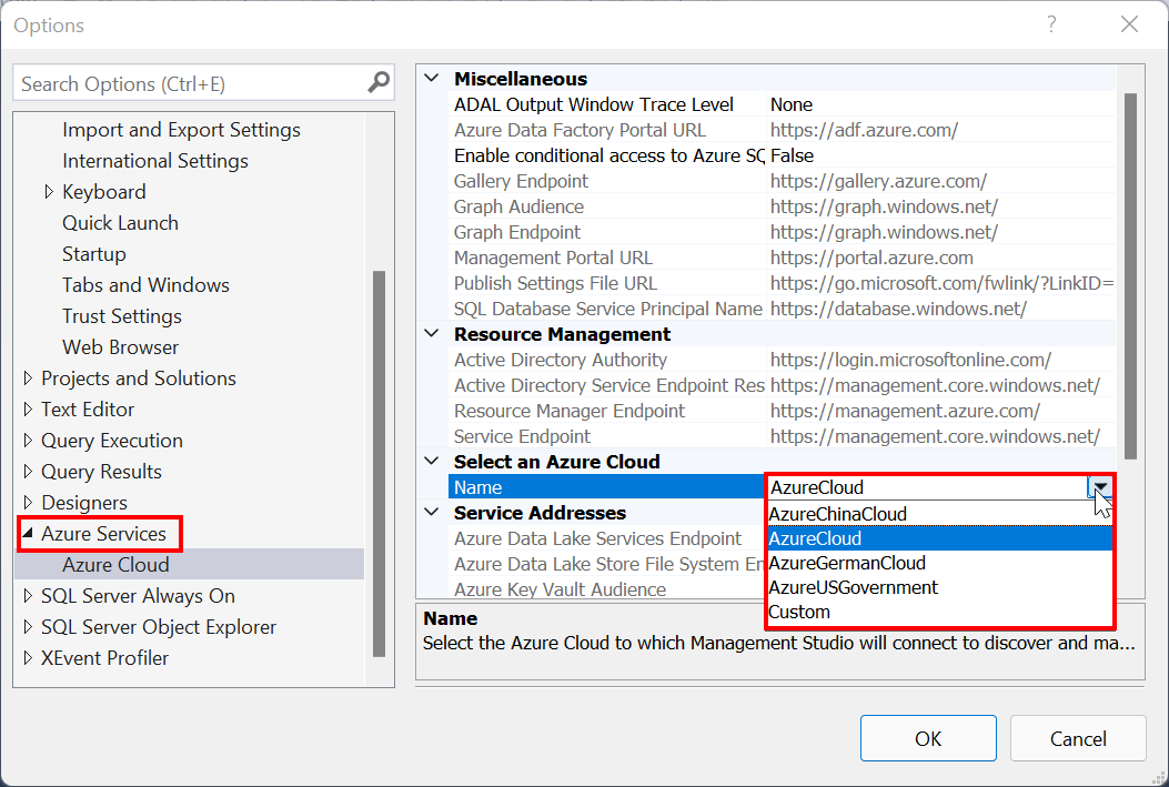 Screenshot della selezione del tipo di cloud di Azure in SSMS