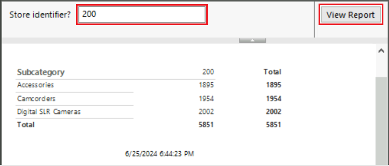 Screenshot dell'anteprima del report quando viene immesso l'ID del negozio 200 nel prompt dell'identificatore del negozio.