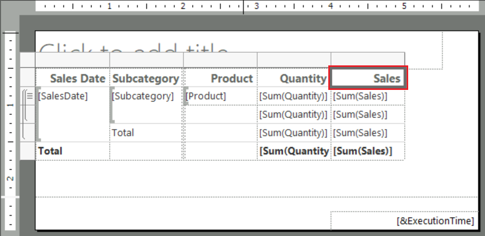 Screenshot che mostra come selezionare l'intestazione di colonna Vendite nella tabella aperta del report in Report Builder.