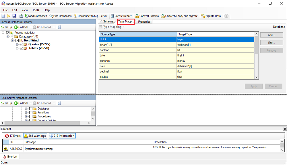 Screenshot che mostra Type Mapping.