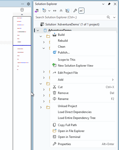 Screenshot di Esplora Soluzioni che mostra l'opzione di build del progetto SQL.